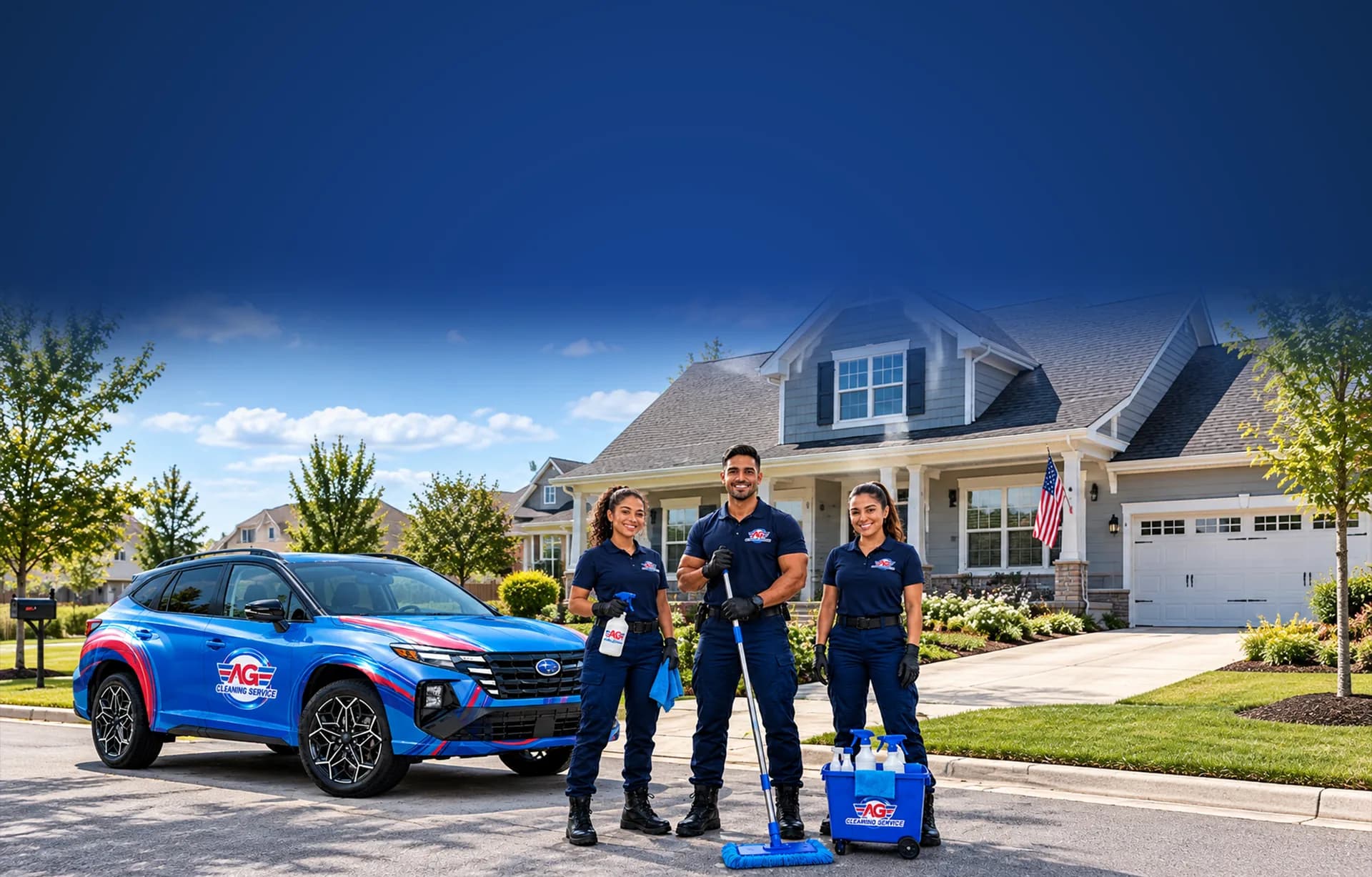 The AG Clean Ops crew beside their vehicle in front of a home